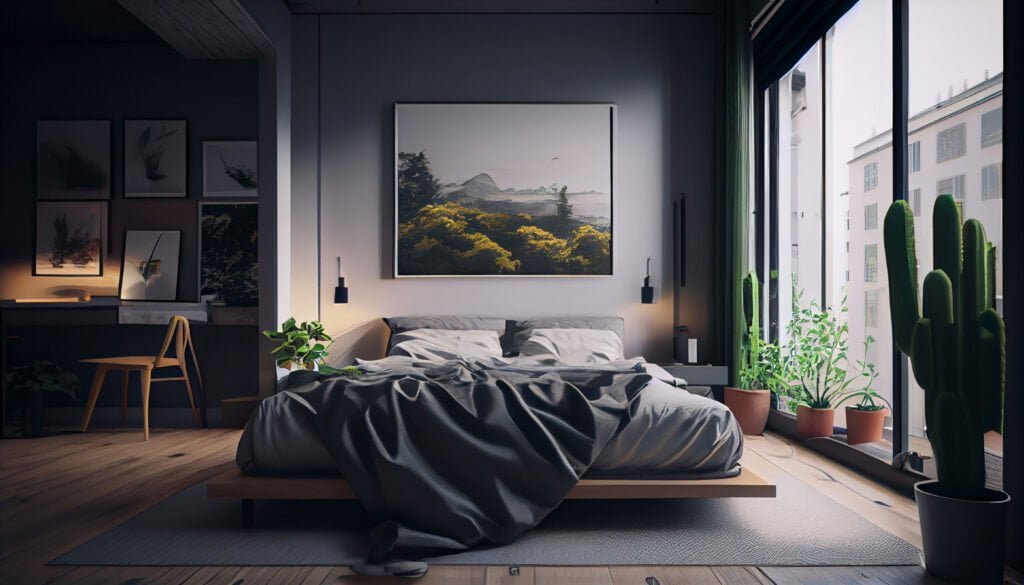 modern apartment bedroom comfortable bed near window generative ai