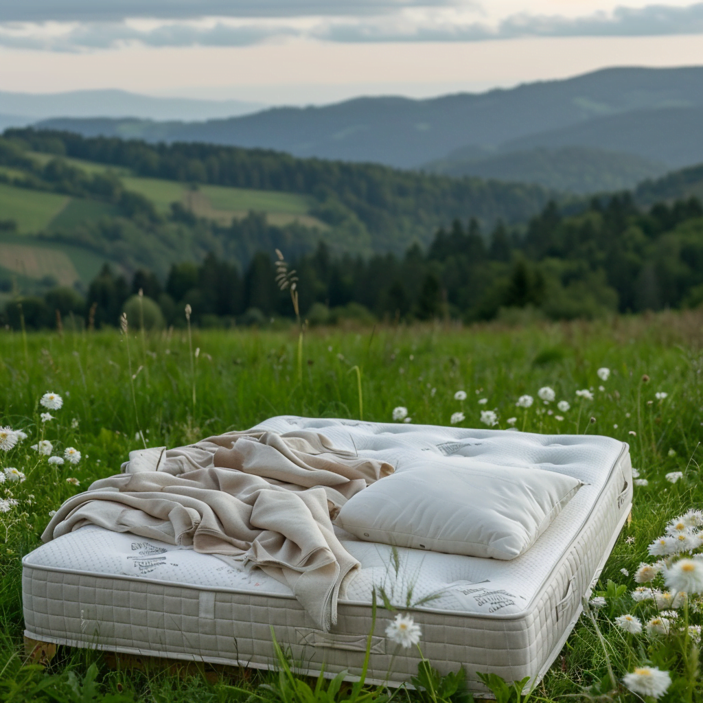 kassper007_The_bed_and_mattress_stand_in_a_green_meadow_in_beau_ef45c6df-dae4-4dbf-8f3e-44ad3d4f01f6